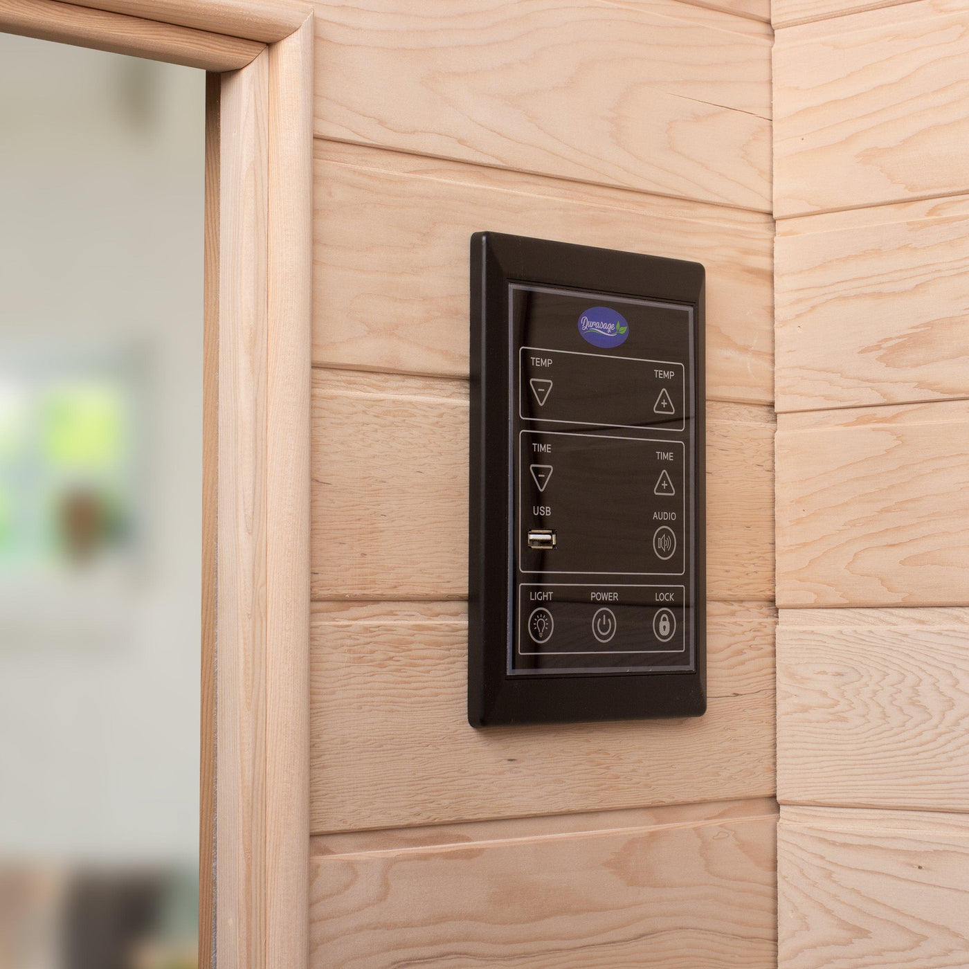 Durasage sauna control panel with temperature, time, audio, light, power, and lock controls